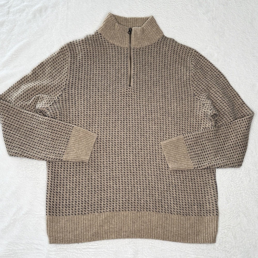 J Crew Mens L Merino Wool Quarter Zip Sweater Birdseye Knit Tan Navy Pullover